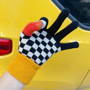 Knit checkerboard touchscreen gloves winter warm split-finger multicolored stylish winter gear