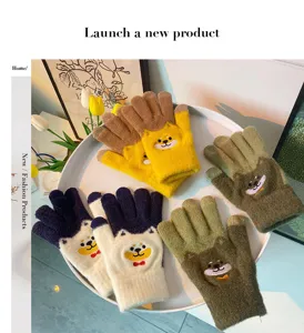 Cute cartoon bear winter warm knitted gloves, thick fleece lined windproof five-finger gloves