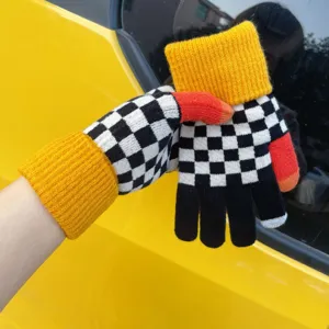 Winter warm checkerboard touchscreen knit gloves for women, cute and stylish cycling gear.
