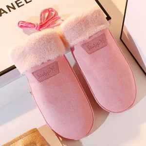 Pink plush winter thick mittens detail, cute warm hanging neck design for women students outdoor riding.