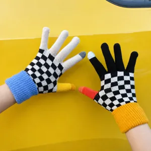 Women's Winter Warm Touch Screen Gloves Cute Checkered Knit Split-Finger Gloves Plush Lined Thermal Cycling Gloves