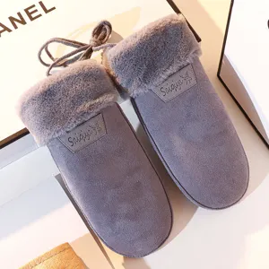 Winter thermal plush hanging neck mittens, grey faux suede fabric, cute and cozy windproof design.