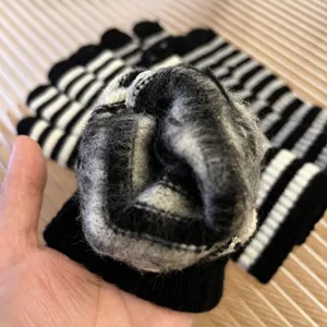 Winter warm fleece lined black and white striped fingerless knit gloves for couple.
