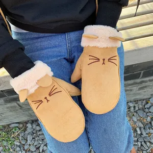 Cute cat ear fleece lined winter mittens with neck strap, warm cozy thick suede gloves detail.