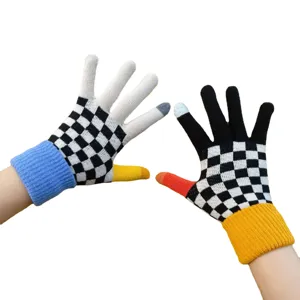 Women's winter warm touchscreen knit gloves with stylish checkerboard pattern and colorful cuffs.
