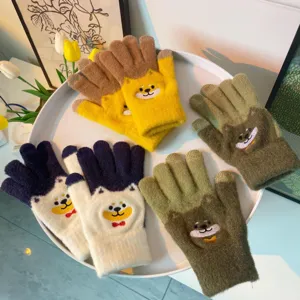 Women Winter Warm Knitted Gloves Cute Cartoon Bear Embroidery Thickened Plush Touchscreen Windproof Gloves