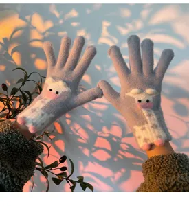 Close-up detail of cute winter knit gloves featuring adorable animal pattern in cozy aesthetic.