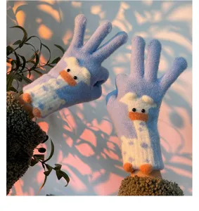 Cute winter warm knitted five finger gloves with lovely animal pattern for women daily wear.
