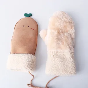 Winter cute plush thick warm mittens women sweet cartoon hanging neck windproof cold-proof gloves