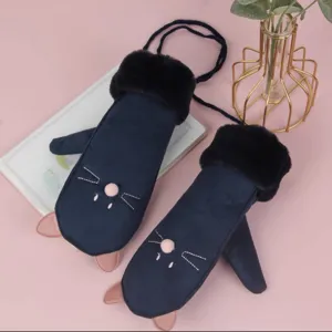 Cute winter warm hanging neck mittens for women, thick fleece lined cute cartoon gloves.