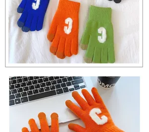 Bunte Winter Touchscreen Strickhandschuhe für Damen, warme Fünffinger Wollhandschuhe.