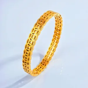 Retro stainless steel gold coin ring hollow lucky wealth vintage couple jewelry accessory item