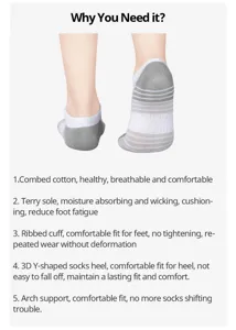 Comfortable low-cut socks featuring combed cotton, terry sole, and arch support for sports.
