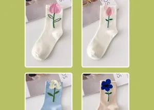 Calzini medi da donna ricamati con fiori, graziosi calzini alla moda primavera estate.