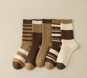 Women's autumn winter mid-tube socks brown striped knit casual cute cozy hosiery