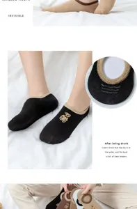 Detail view of summer low-cut invisible socks with cute bear embroidery, breathable cotton.