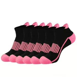 Detail view of breathable sports short socks, black and pink low-cut running socks, comfy fit.