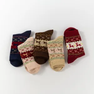 Christmas women thickened terry mid-tube socks vintage reindeer retro winter warm socks