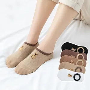 Women's low-cut invisible socks with cute cartoon bear embroidery and anti-slip heel grip for summer.