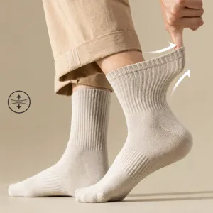 Mens solid color ribbed crew socks comfortable breathable casual athletic cotton socks