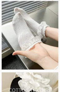 Detailed close-up of summer thin Lolita ruffle socks featuring breathable mesh design.