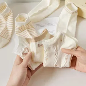 Women breathable low cut short socks summer cotton striped cute casual boat socks white