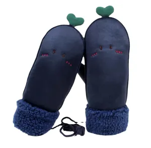 Cute cartoon fleece lined winter gloves with neck hanging strap for women and girls