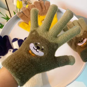 Winter cute cartoon bear embroidered knitted gloves for women and men, warm five-finger gloves