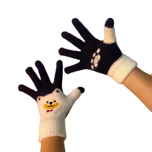 Winter cute cartoon bear knitted gloves for women and men, thick warm windproof five-finger.