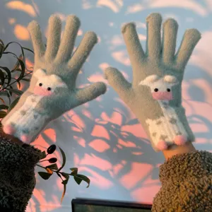 Winter cute cow knit gloves for women warm thick windproof touch screen five finger gloves