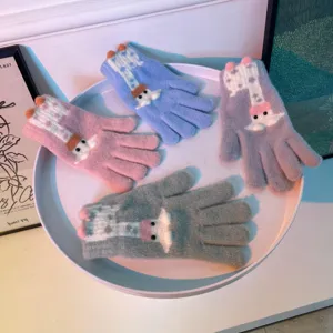 Winter cute cartoon giraffe knitted touch screen five finger gloves for women warm thick soft.