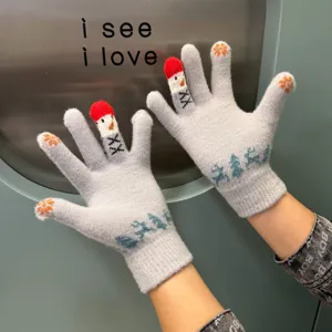 Winter cute snowman touchscreen knit gloves for women warm thick full finger gloves
