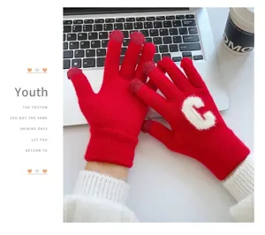 Rote Strick Touchscreen Handschuhe für Damen im Winter warm süße fünf Finger Buchstabe C
