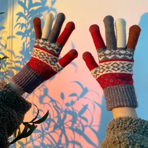 Winter colorful knit gloves for women, warm touchscreen gloves with retro Nordic pattern.