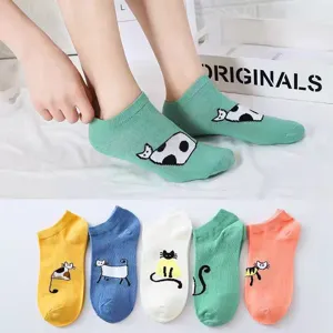Cute cat pattern women summer thin low cut boat socks breathable cotton casual ankle socks