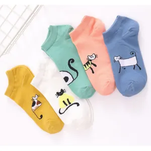 Cute cartoon cat ankle socks for women, summer thin breathable low cut cotton socks 5 pairs.