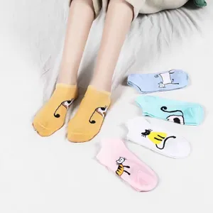 Detail view of cute cartoon cat and bee pattern ankle socks in multiple colors for women.