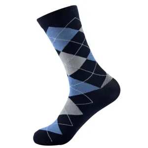 Men dress argyle pattern crew sock close up detail, breathable knit fabric casual wear