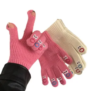 Cute women winter knit gloves touchscreen fingerless warm fuzzy mittens for student cycling