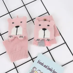 Cute winter children half-finger flip knit gloves warm cartoon bear design for kids boys girls