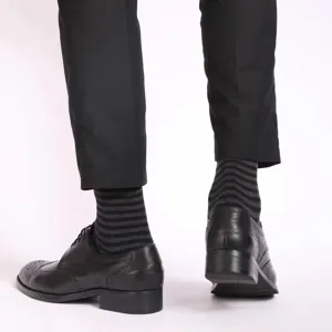 Men's striped business dress socks in classic black and grey colorblock, comfortable fit.