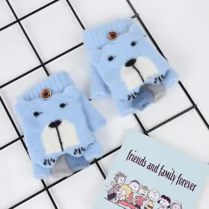 Cute winter children knitted half-finger flip gloves with bear design and warm fabric.