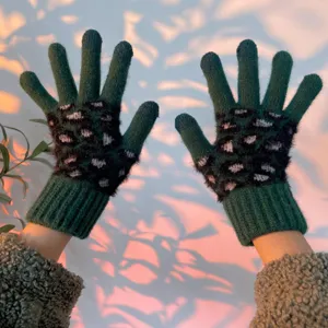 Womens winter knit gloves leopard print touchscreen warm thick full finger thermal