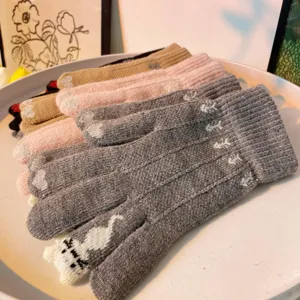 Women winter cute cat knit gloves touchscreen warm thick fleece lined gloves for daily wear