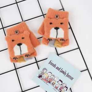 Winter children cute cartoon bear flip half finger knit gloves warm kids wear outdoor gear