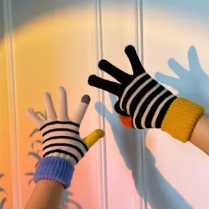 Women winter warm knit touchscreen split-finger striped gloves fashionable cute cycling mittens