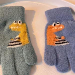 Children winter half finger knit gloves cute cartoon dinosaur warm mittens for kids boys