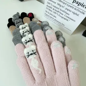 Cute winter knitted touch screen cat gloves for women, warm fleece-lined split-finger styles.