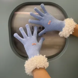 Women winter knit touch screen gloves with fluffy fleece cuff warm stylish blue gloves.