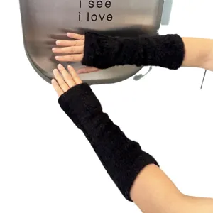 Black fuzzy arm warmers knit long half finger gloves winter warm soft thermal sleeves women